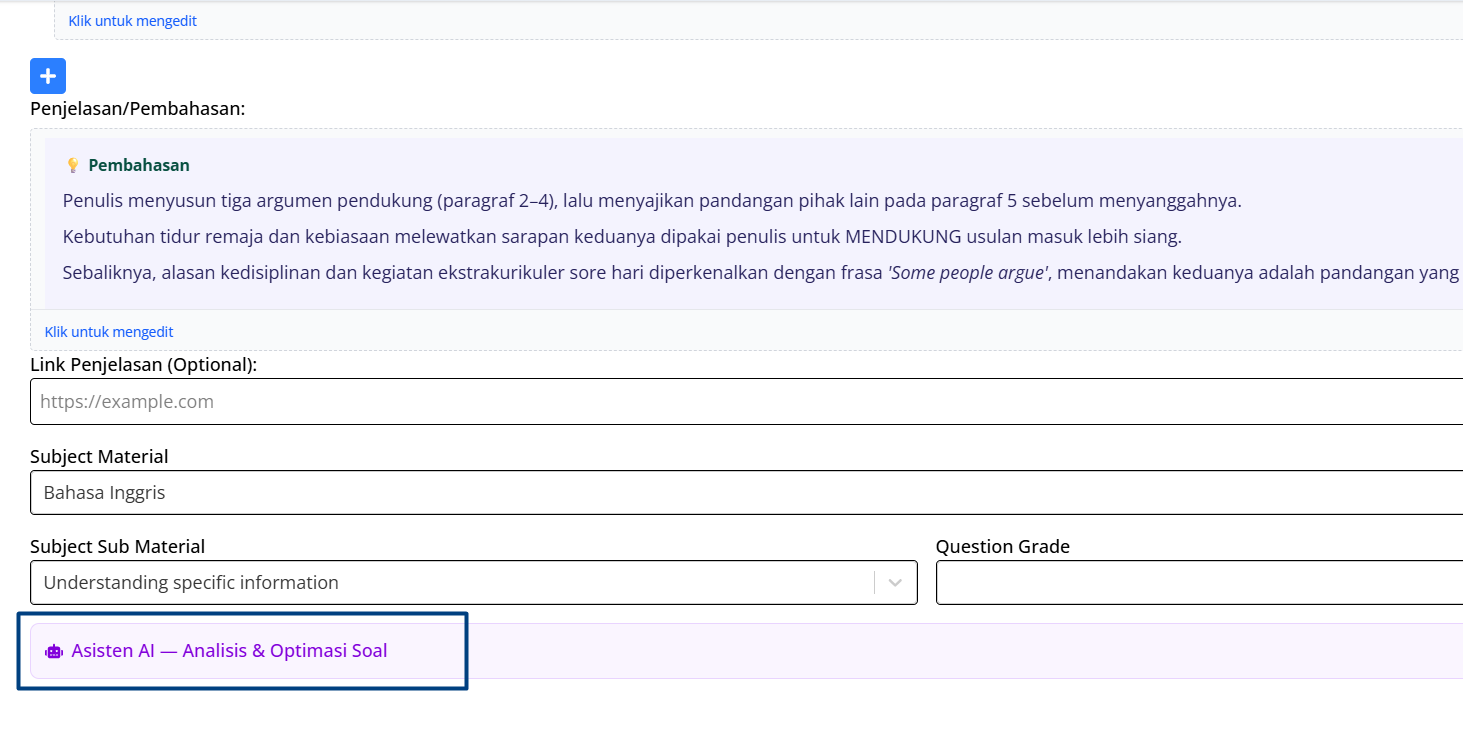 Form soal admin dengan pembahasan hasil AI dan tombol Asisten AI untuk analisis dan optimasi soal