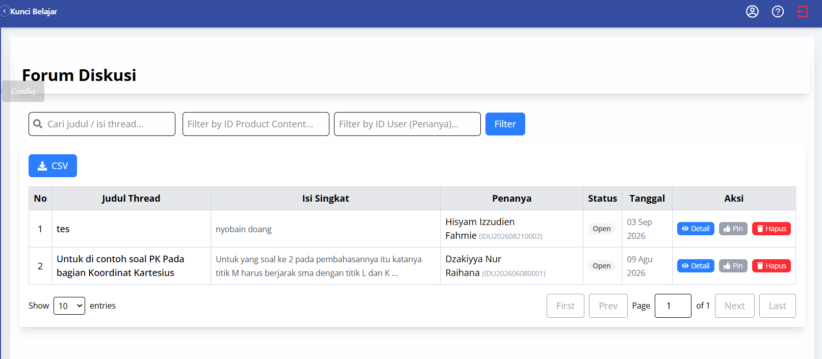 Halaman forum diskusi di panel admin: daftar thread pertanyaan siswa beserta status dan aksinya