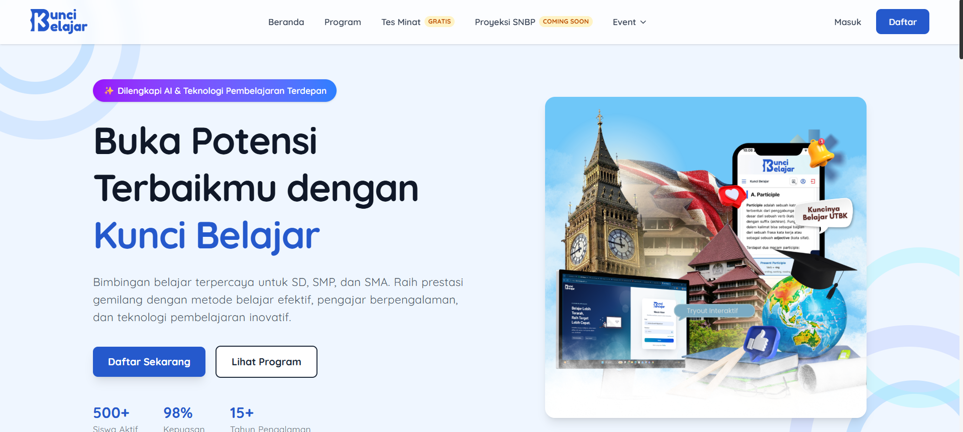 Tampilan awal halaman depan Kunci Belajar sebelum login