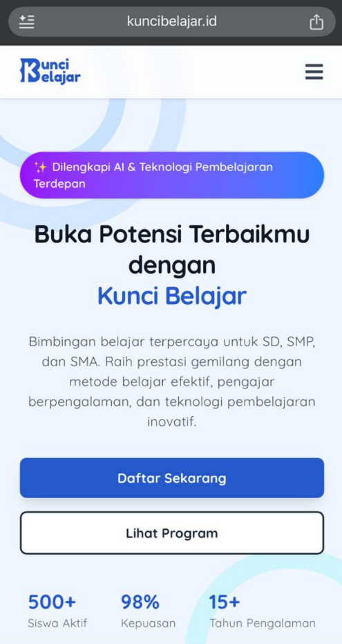 Tampilan mobile halaman beranda Kunci Belajar di browser ponsel