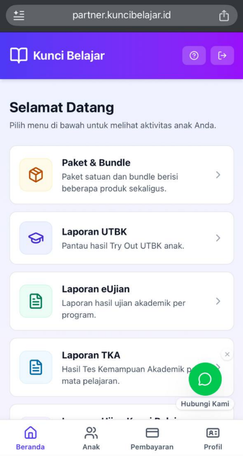 Tampilan mobile portal orang tua dengan menu laporan UTBK, eUjian, dan TKA