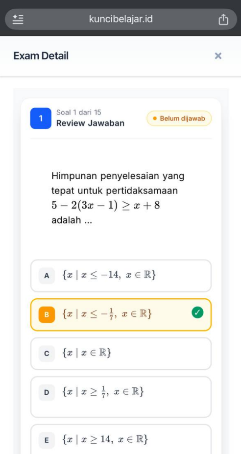 Tampilan mobile halaman soal ujian dengan pilihan jawaban dan penanda jawaban benar