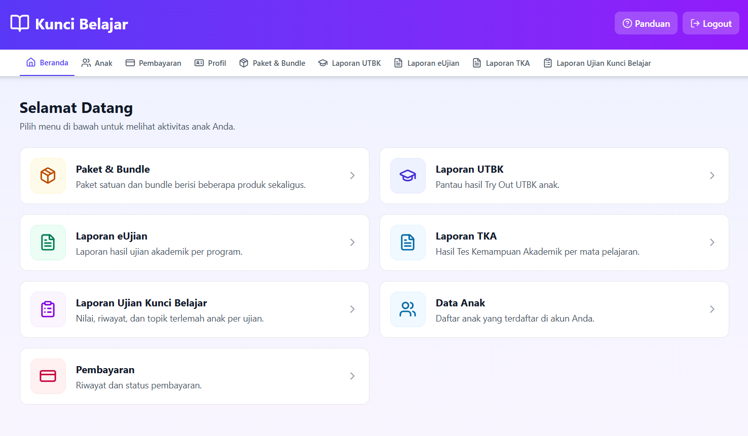 Beranda portal orang tua berisi menu laporan UTBK, eUjian, TKA, data anak, dan pembayaran