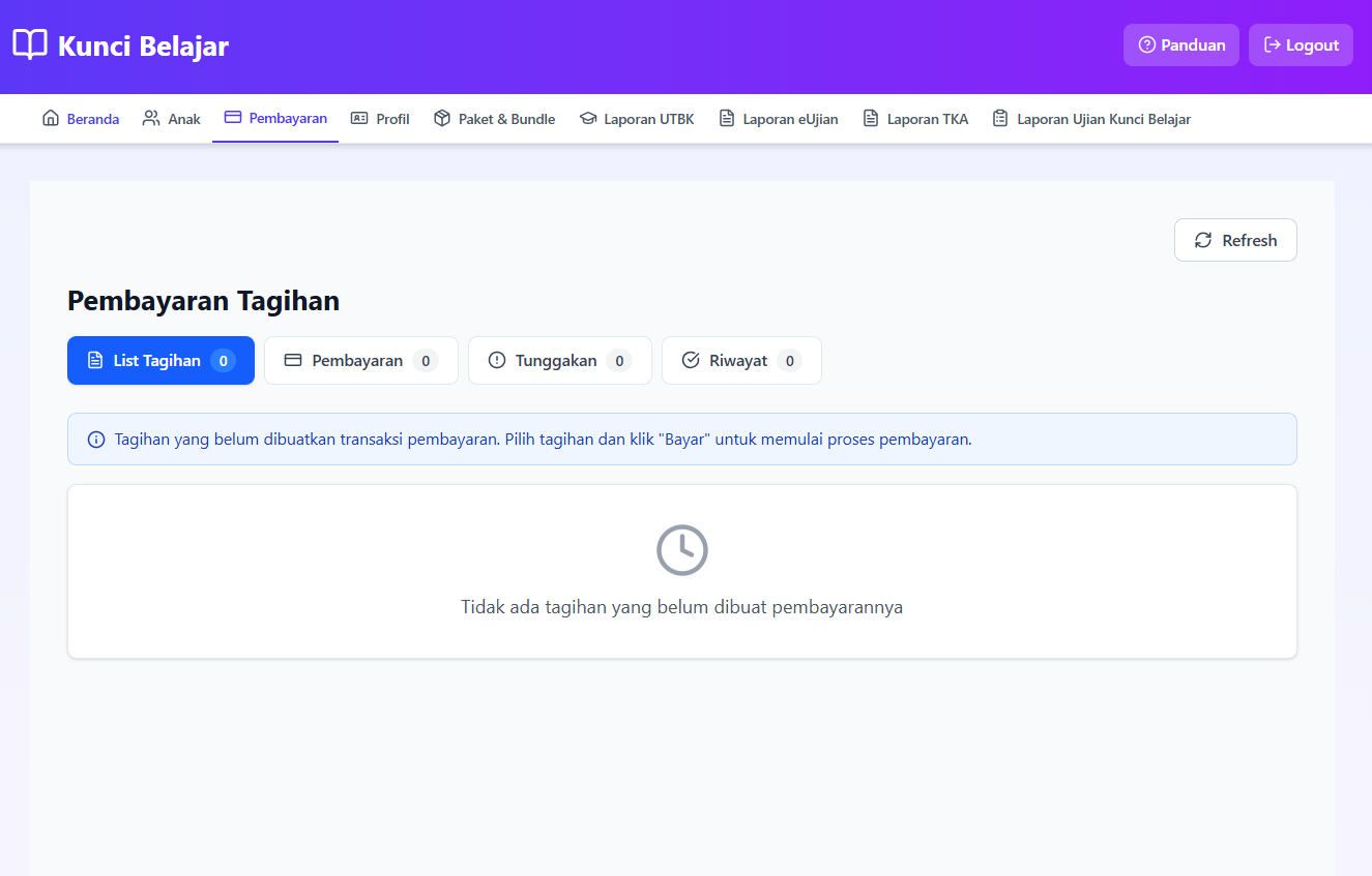 Halaman pembayaran tagihan di portal orang tua dengan tab list tagihan, pembayaran, tunggakan, dan riwayat