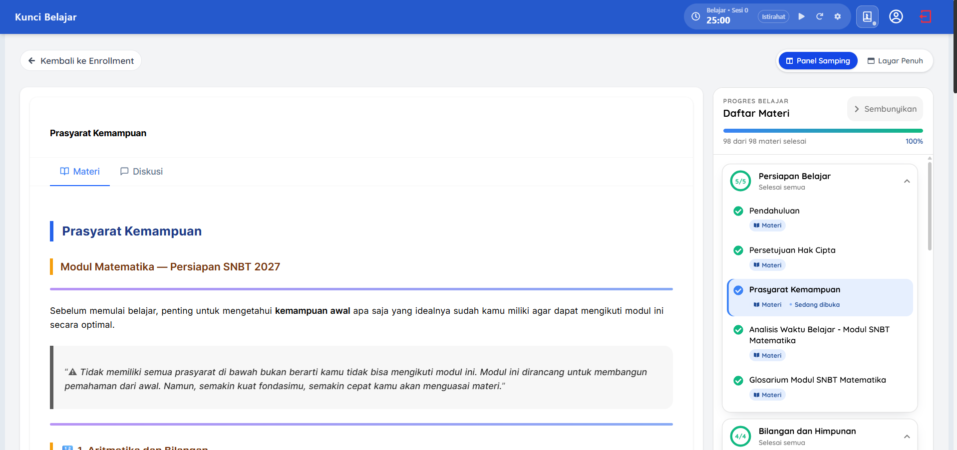 Halaman ruang belajar: isi materi, tab diskusi, dan daftar progres belajar