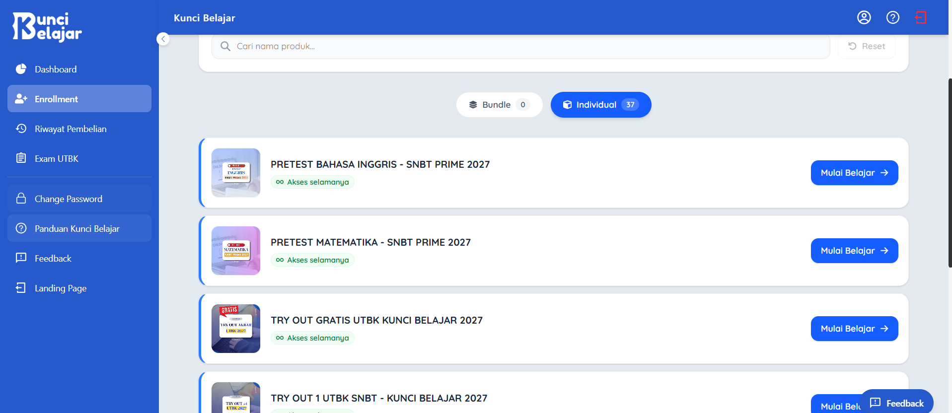 Halaman Enrollment siswa berisi daftar tryout dan pretest yang diikuti