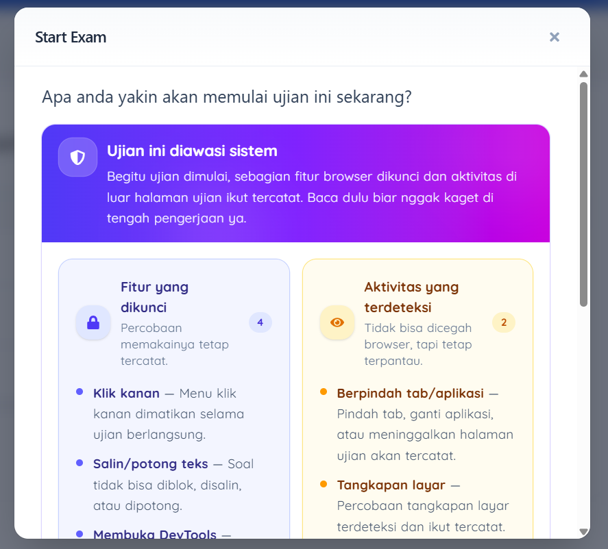 Dialog aturan pengawasan sebelum ujian dimulai: fitur yang dikunci dan aktivitas yang terdeteksi