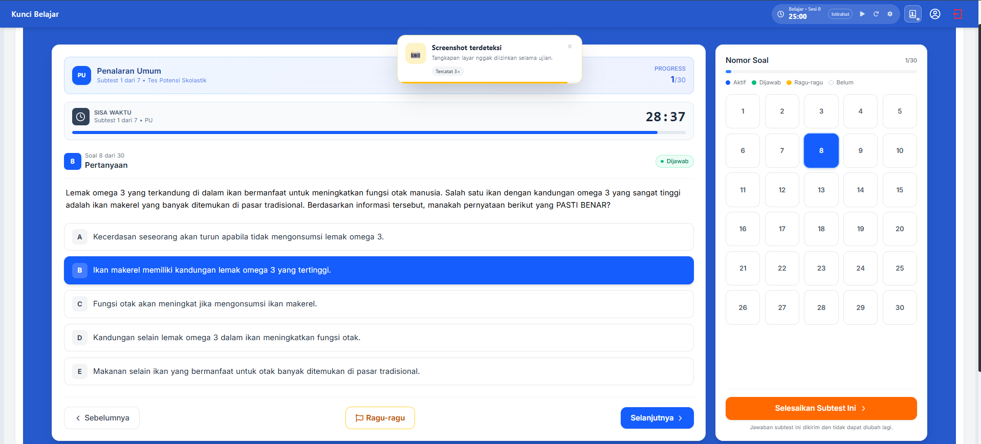Halaman pengerjaan tryout UTBK dengan soal, navigasi nomor, dan timer subtes